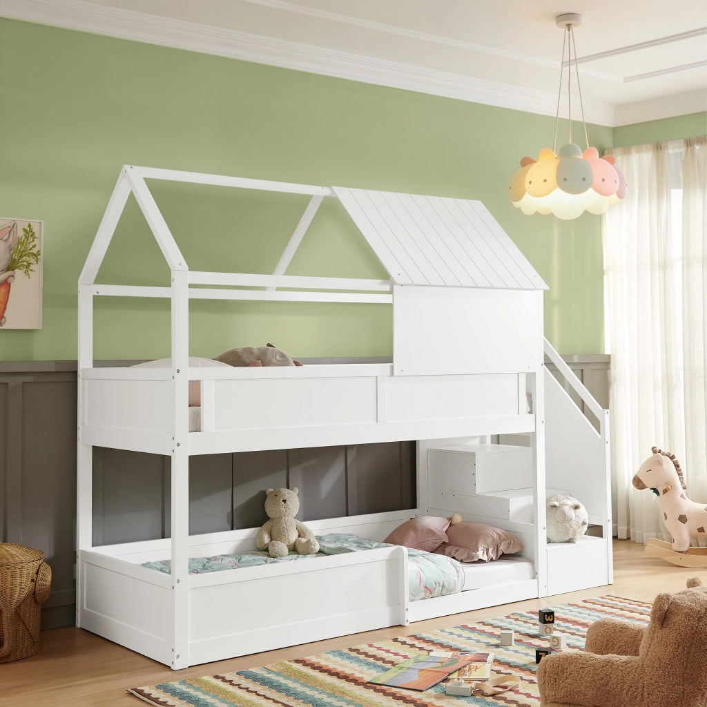 Letto a Castello Letto Singolo con Scaletta e Tetto in Legno Massello; White