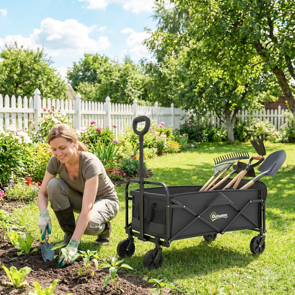 Carrello da Giardino 72L Pieghevole con Manico Regolabile, in Acciaio e Tessuto Oxford, 114x46x92 cm, Nero