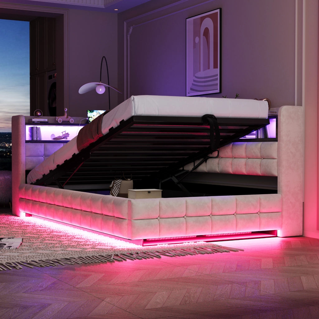 Divano letto in velluto con contenitore idraulico, LED e USB-C, 90x200 cm, beige