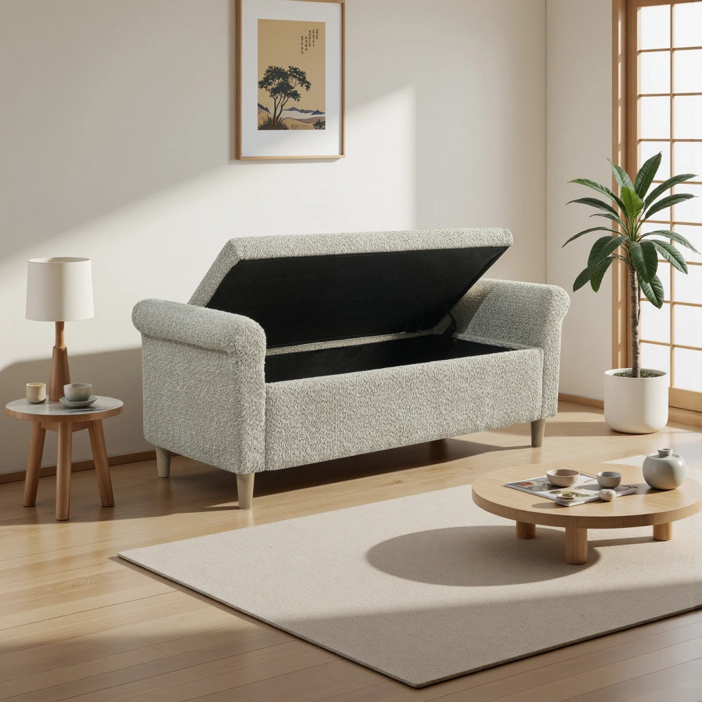 Pouf contenitore con coperchio sollevabile e struttura in legno stile scandinavo per salotto e camera da letto cammello