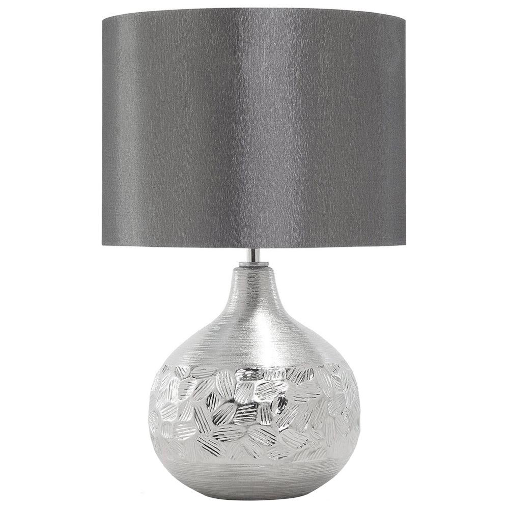 Lampada da Tavolo Porcellana Argento Grigio Paralume Tamburo in Simil Seta 43H cm Soggiorno Tradizionale