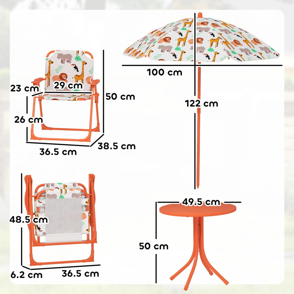 Set Tavolo e Sedie per Bambini con Ombrellone per Esterno in Acciaio Arancione