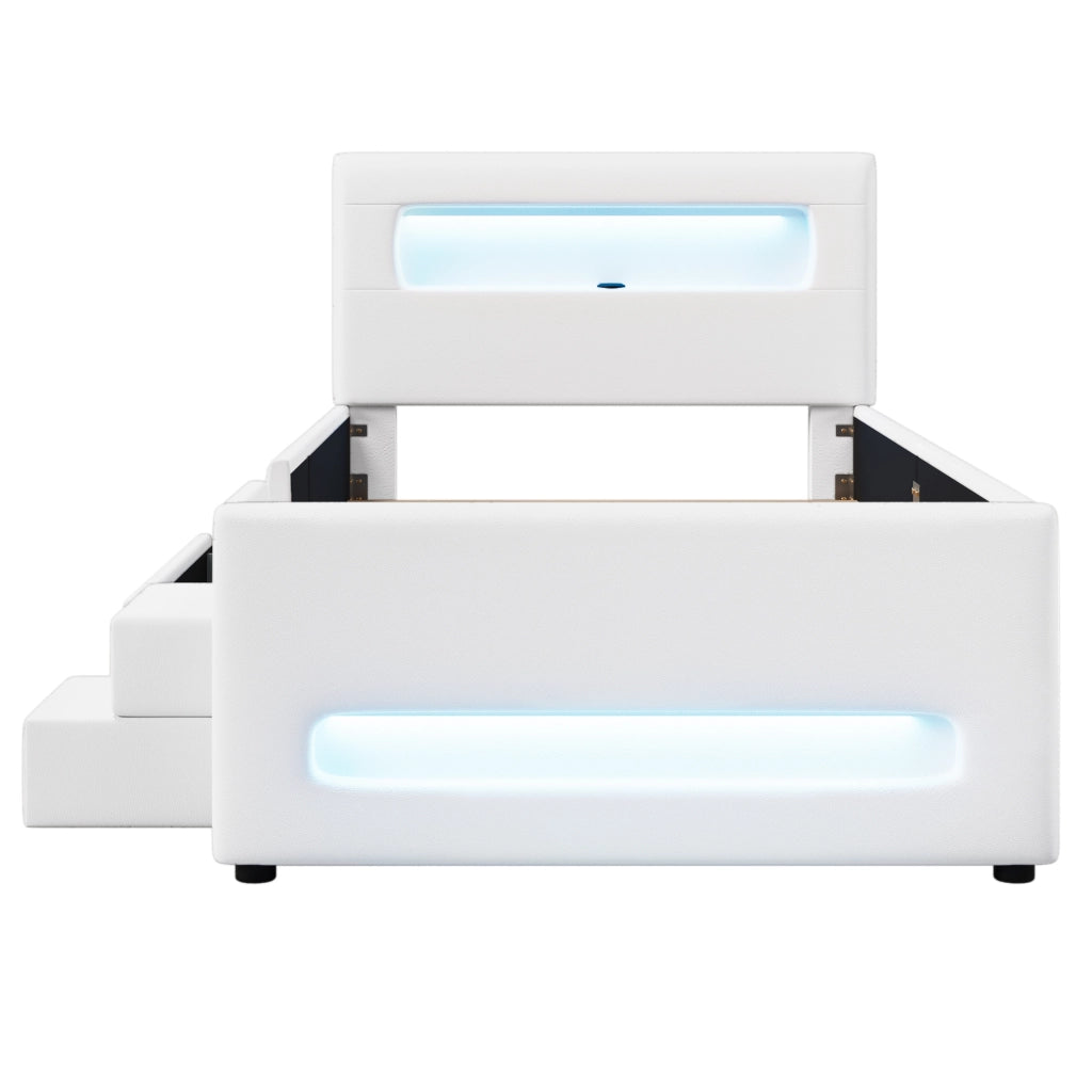 Letto Singolo 90x200 cm con Cassetti; LED e Rete a Doghe - in PU e MDF - Bianco