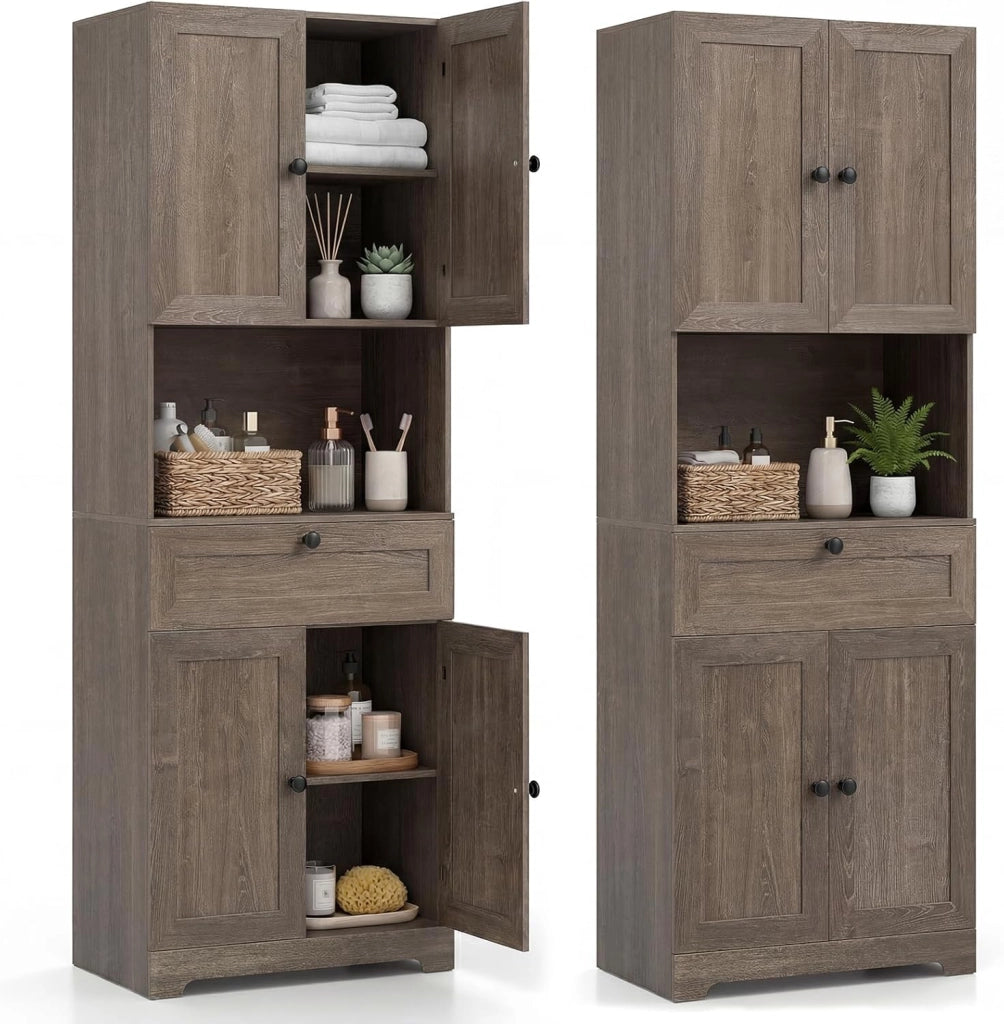 Mobile da Bagno Salvaspazio, Mobile da Terra con 4 Ante, 1 Cassetto, Vano Aperto e Ripiani Regolabili, Credenza Dispensa Cucina in Lgeno per Soggiorno e Ingresso, 60 x 35 x 171,5 cm (Marrone)