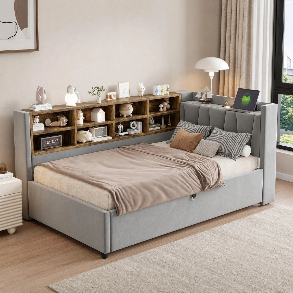 LETTO imbottito 90x200 cm in velluto grigio con testiera multifunzione
