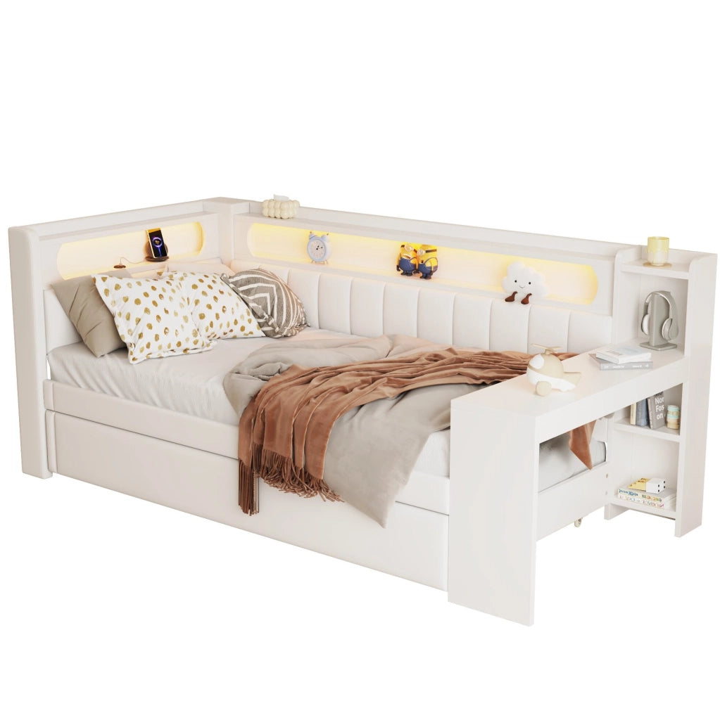Letto 90x200 cm con letto estraibile; LED e USB in MDF; compensato e imbottito bianco