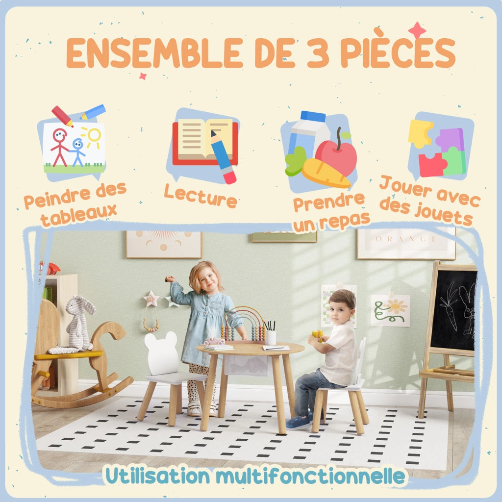 Set Tavolo e Sedie per Bambini ¨C zephmum ¨C Bianco, Legno, 3 Pezzi