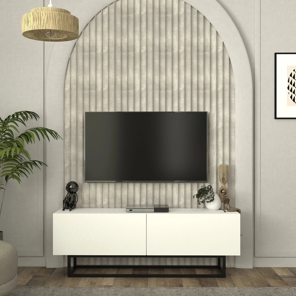 Mobile Porta TV Nolven a 2 Ante Ribalta e Telaio in Metallo 135x32x47 cm - Bianco [en.casa]