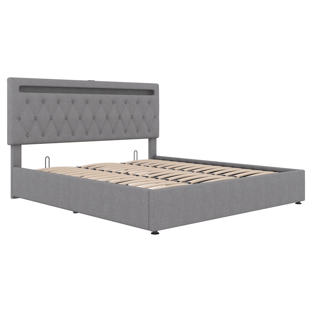 Letto Contenitore Matrimoniale 180x200 cm; USB; LED Regolabile; in Lino; Grigio