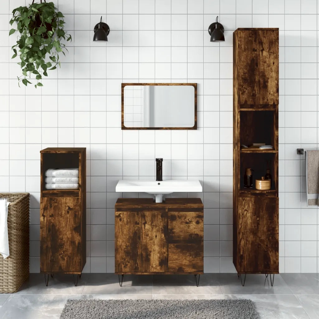 Armadietto Bagno | Armadio da bagno Rovere Fumo 30x30x190 cm in Legno Multistrato
