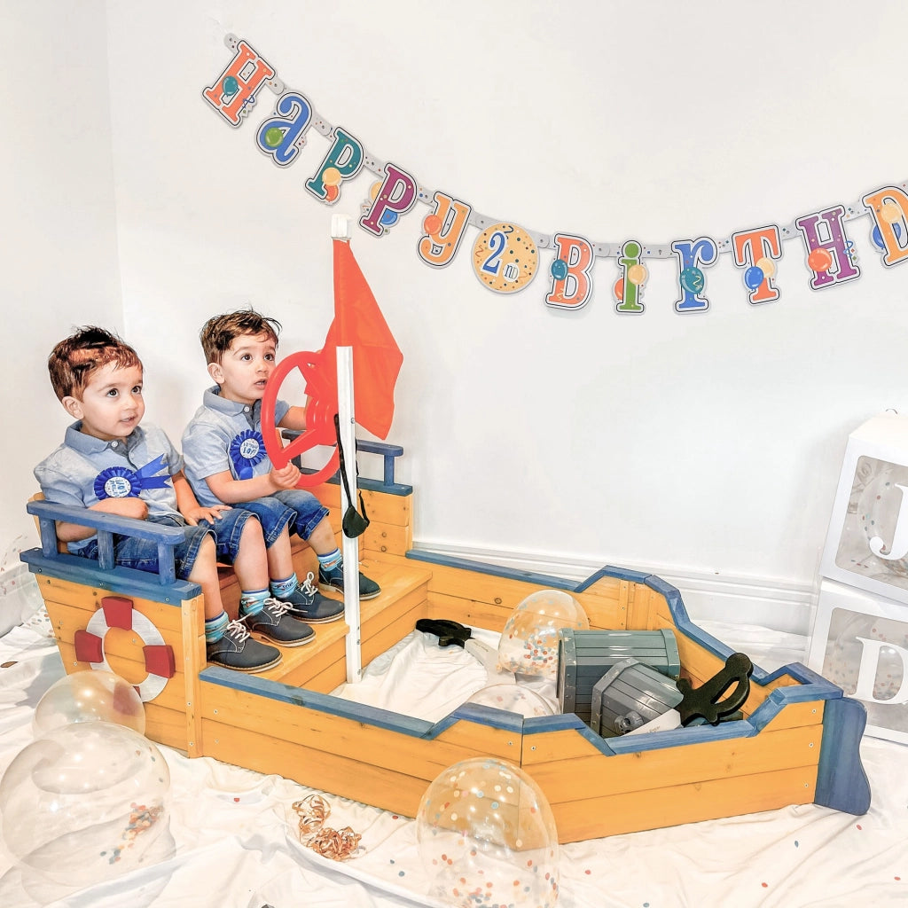 EasyComfort Sabbiera per Bambini in Legno a Forma di Nave dei Pirati con Vano Contenitore, 158x78x45.5 cm