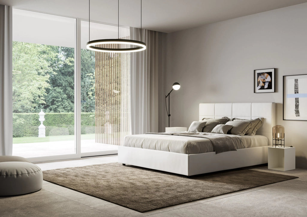 BS COM Letto matrimoniale contenitore doppia alzata imbottito 160x210 similpelle bianco