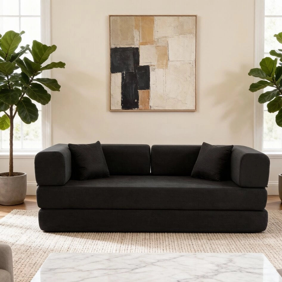 Divano letto trasformabile a 3 posti 200x100x70 cm in corduroy nero