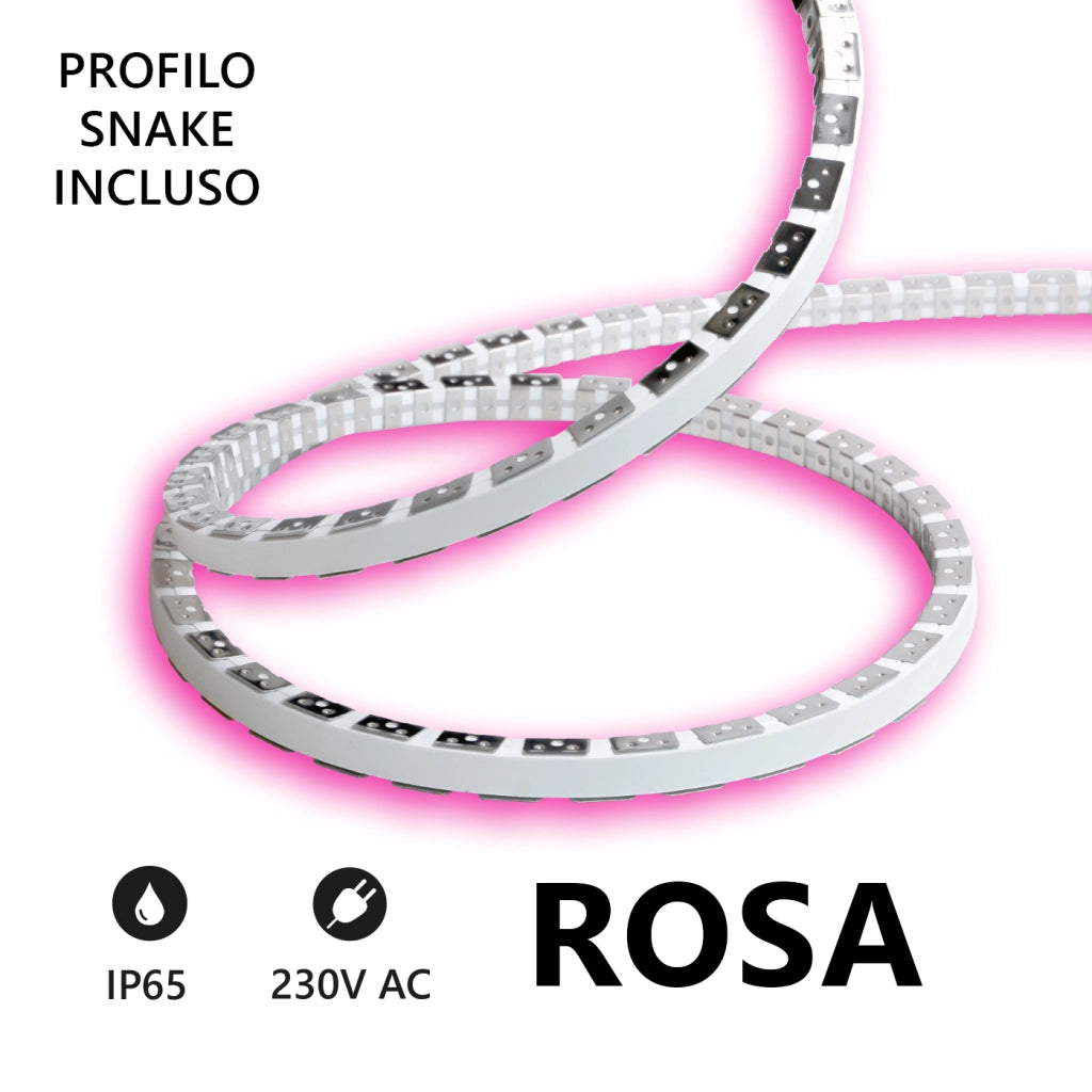 Alcapower Striscia LED Snake Flex 20 metri IP65 230V 12W/m Rosa, illuminazione decorativa flessibile in silicone ad alta efficienza energetica