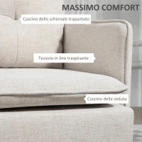 Divano 2 Posti in Tessuto Effetto Lino con Gambe in Acciaio e Cuscini Imbottiti, 139x68x80 cm, Bianco Crema