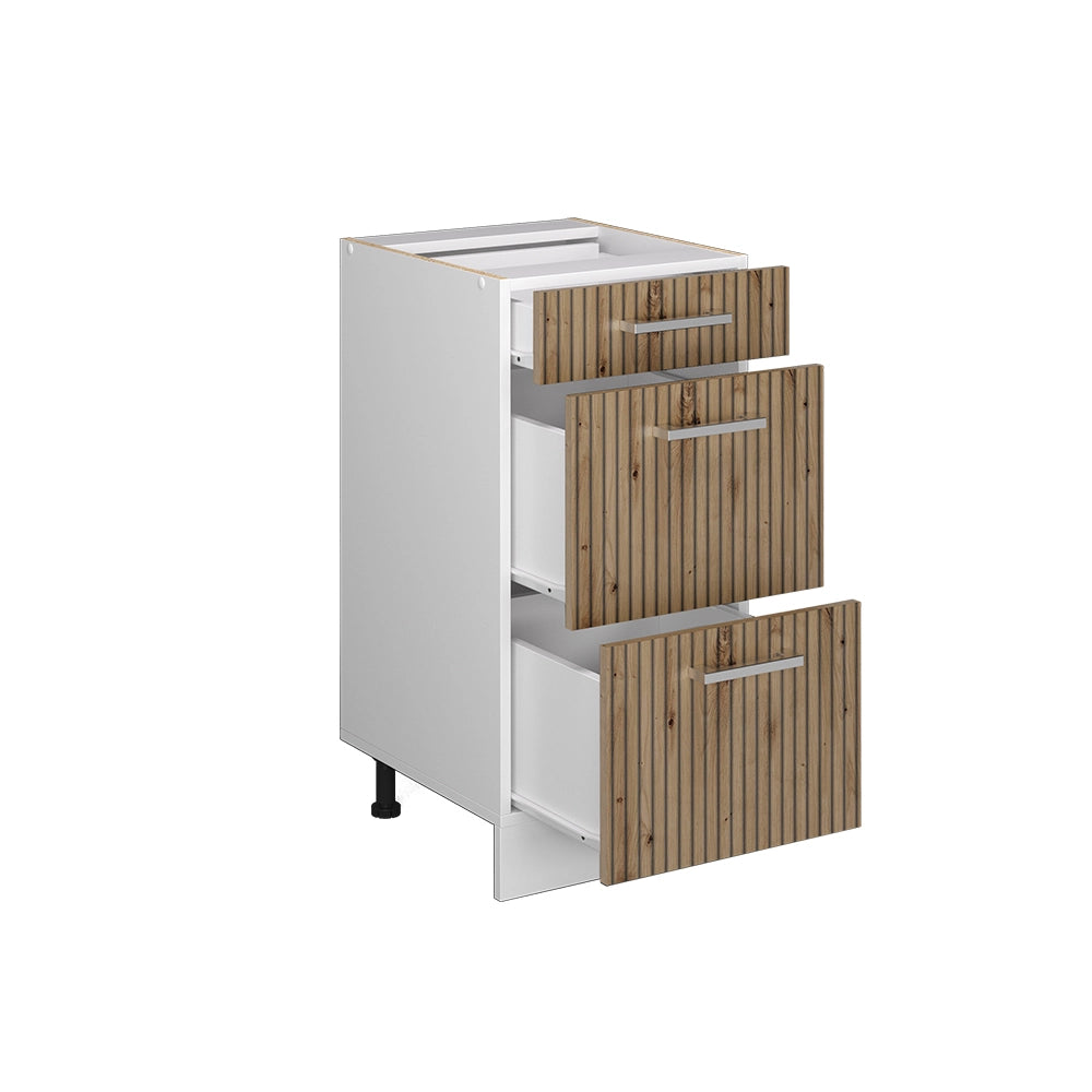 Mobiletto base per cucina R-Line Rovere artigianale/Bianco 40 cm con cassetti, PL Rovere Vicco