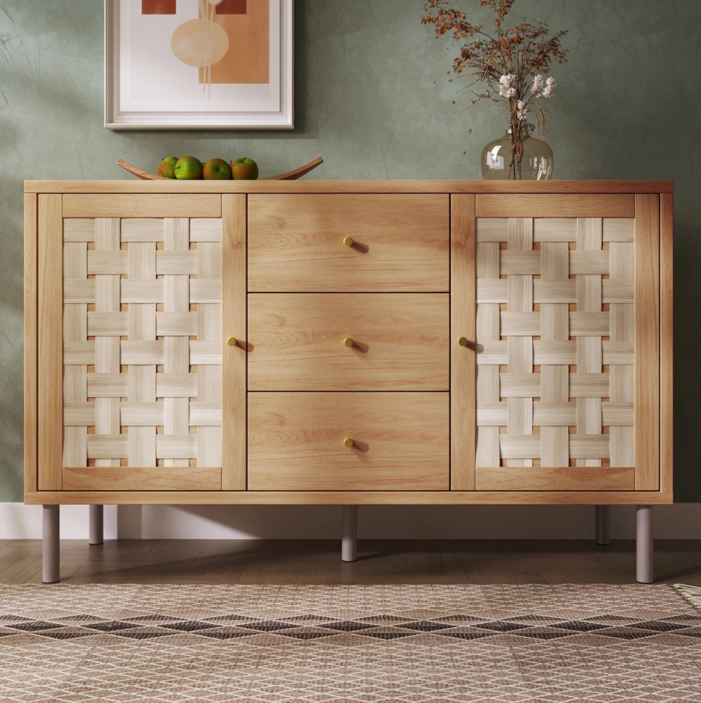 Credenza 120x40x75 cm in MDF e metallo; ecru; 2 ante e 3 cassetti