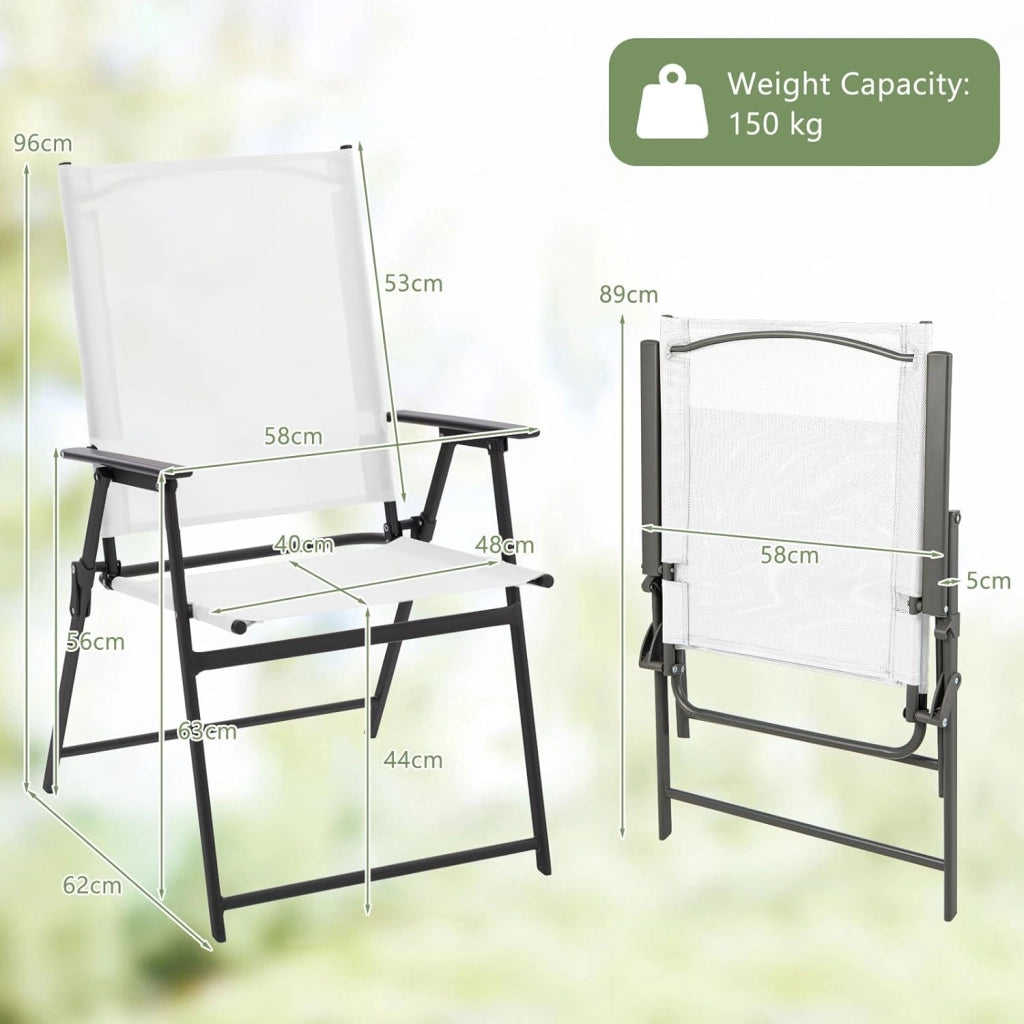 Set di 4 sedie da giardino pieghevoli, con schienale alto e bracciolo, in metallo e tessuto, portata fino a 150 kg (bianco, 4)
