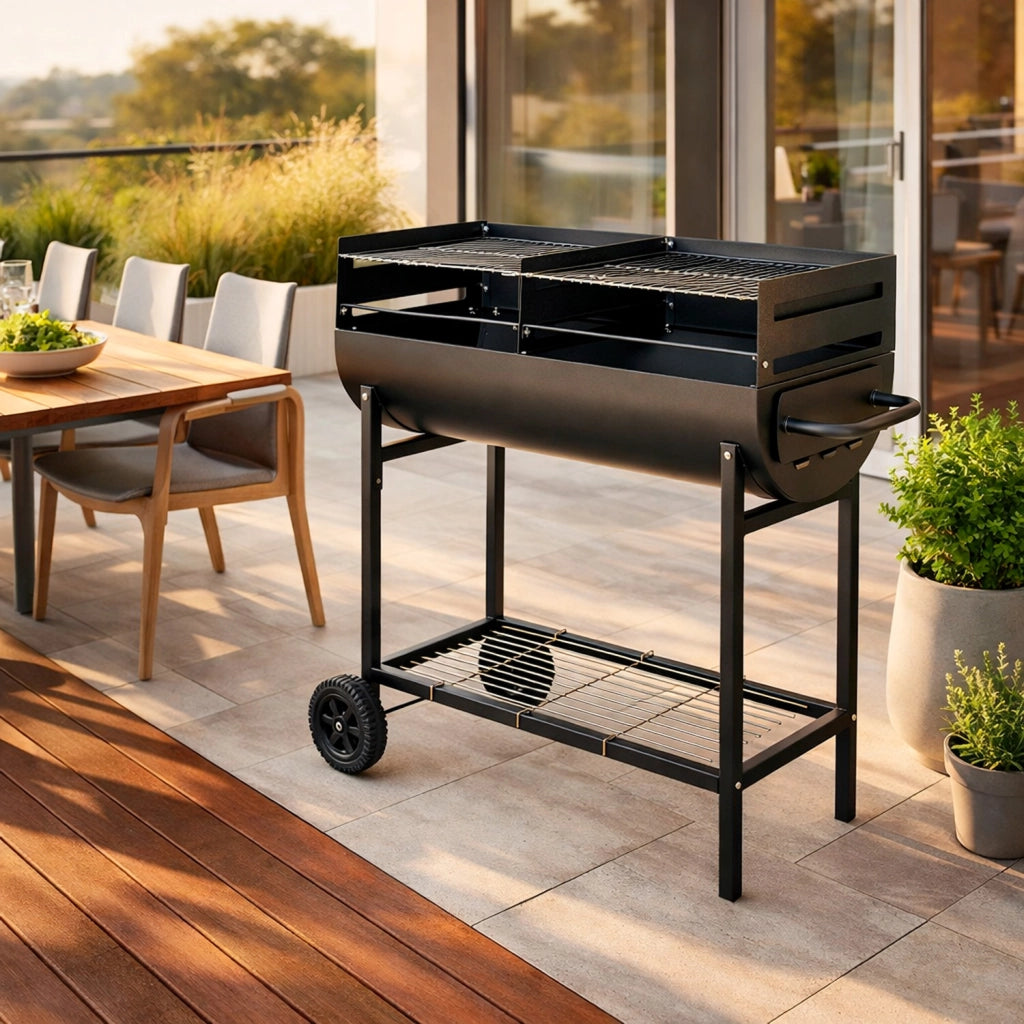 Barbecue In Acciaio Resistente Con Ruote E Ripiano Portaoggetti Alimentazione A Carbone 90 x 45 x 96 Cm Nero