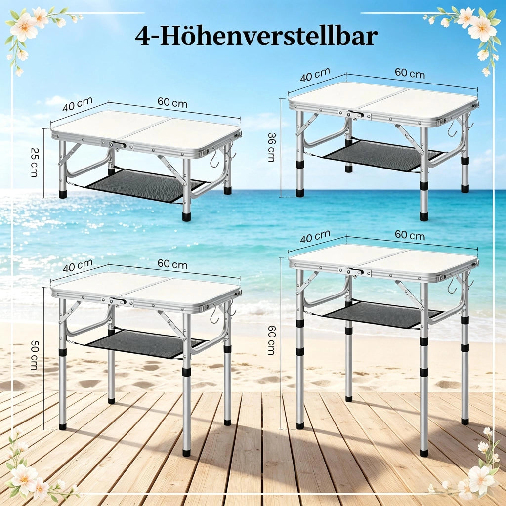 Carrello pieghevole con altezza regolabile a 4 livelli rete portaoggetti e ganci in MDF e alluminio crema