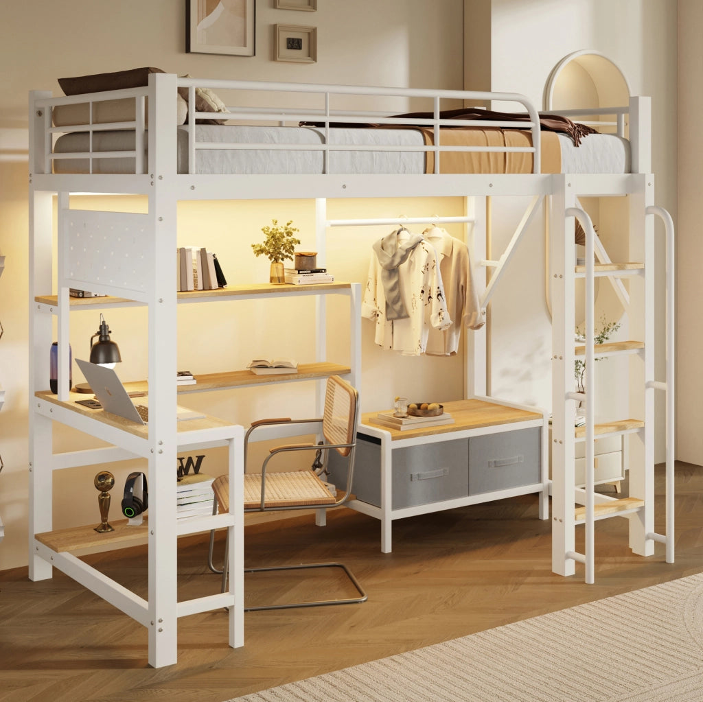 Letto a soppalco 90x200 cm con scrivania; ripiani; cassetti in tessuto; LED e USB; bianco
