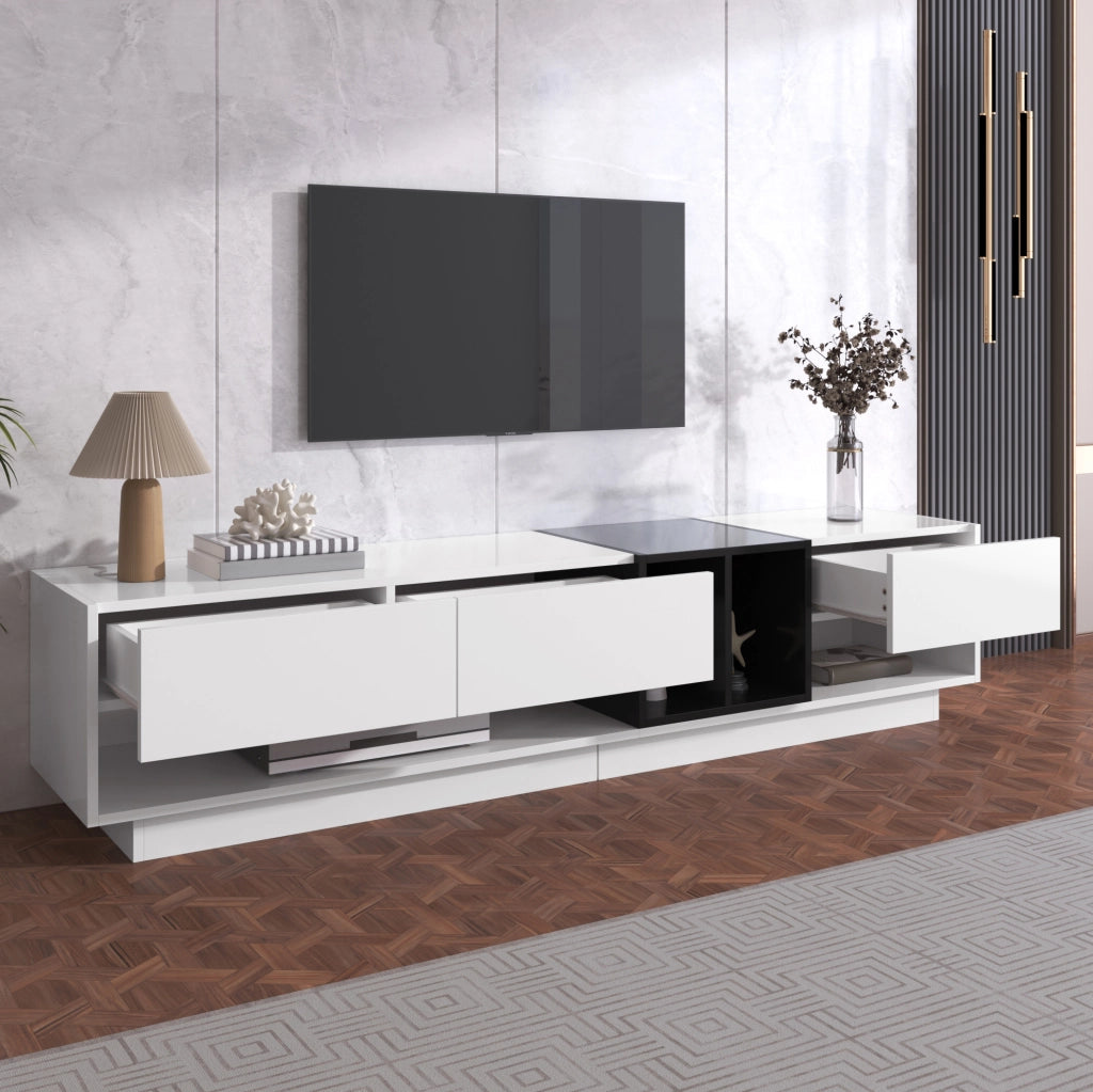 Mobile porta TV moderno lucido bianco e nero con 3 cassetti, 190 cm