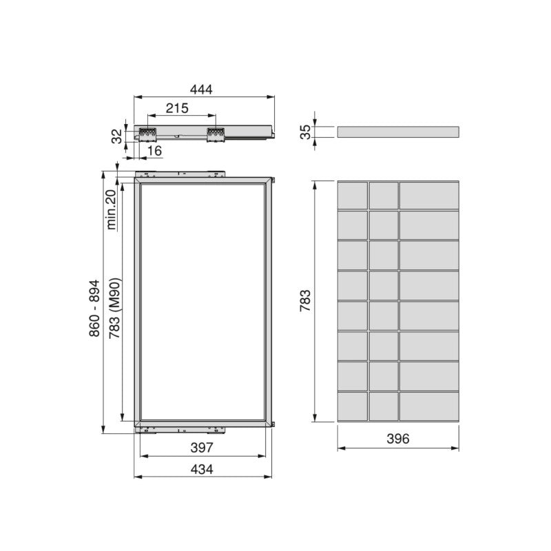 Kit di vassoio metallico e telaio a scorrimento con chiusura ammortizzata per armadio, regolabile, modulo 600 mm, Grig..
