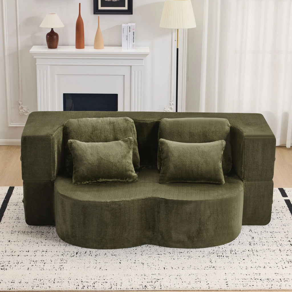 Divano letto pieghevole ULEVR verde con 4 cuscini, futon 2 in 1 in schiuma e molle