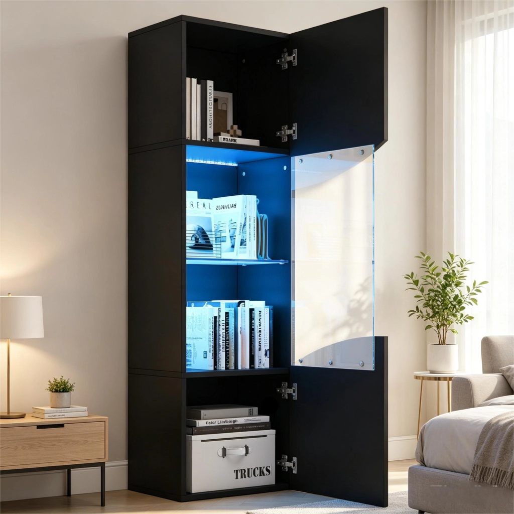 Vetrina Alta Soggiorno con LED ¨C MINIMAL ¨C Nero Lucido 35x50x165
