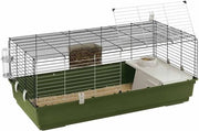 Casa per coniglio con apertura anteriore inclusi accessori, dimensioni 118 x 58 x 49,5 cm.