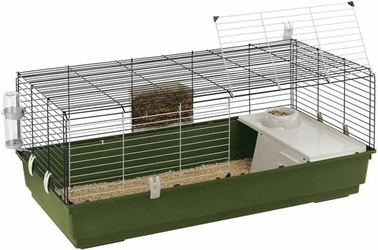 Casa per coniglio con apertura anteriore inclusi accessori, dimensioni 118 x 58 x 49,5 cm.