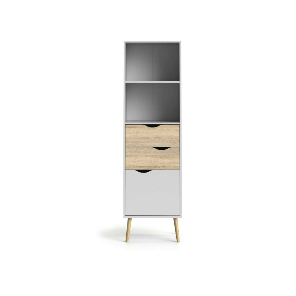Libreria in stile scandi a due ripiani due cassetti e Assesor, colore bianco e rovere, Misure 50 x 171 x 39 cm