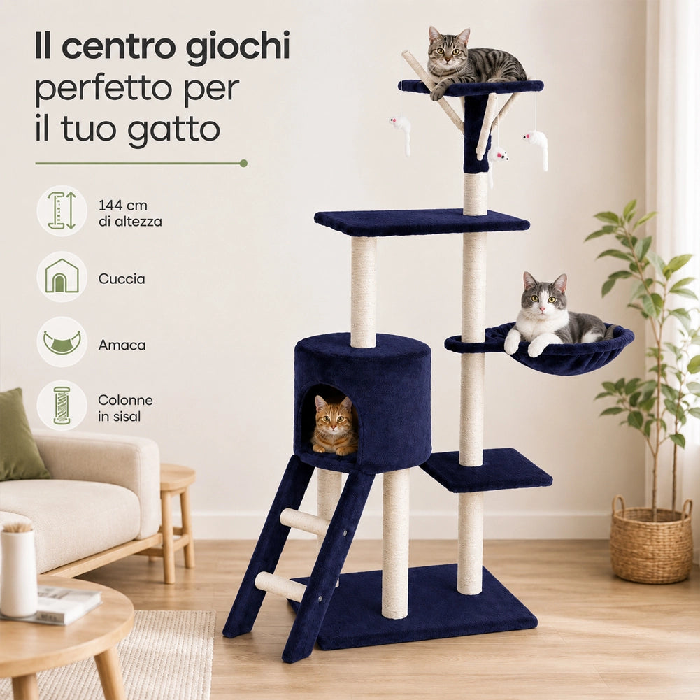 Tiragraffi per Gatti Albero Sisal Parco Giochi Gioco Gatto Tira Graffi Blu Scuro