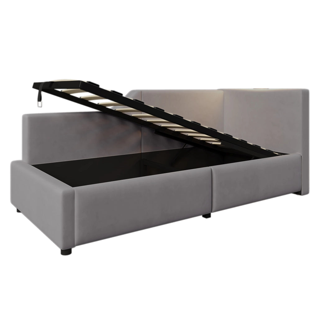 Letto imbottito daybed 90x190 cm con contenitore idraulico, lampada da lettura e porta USB-C, velluto grigio