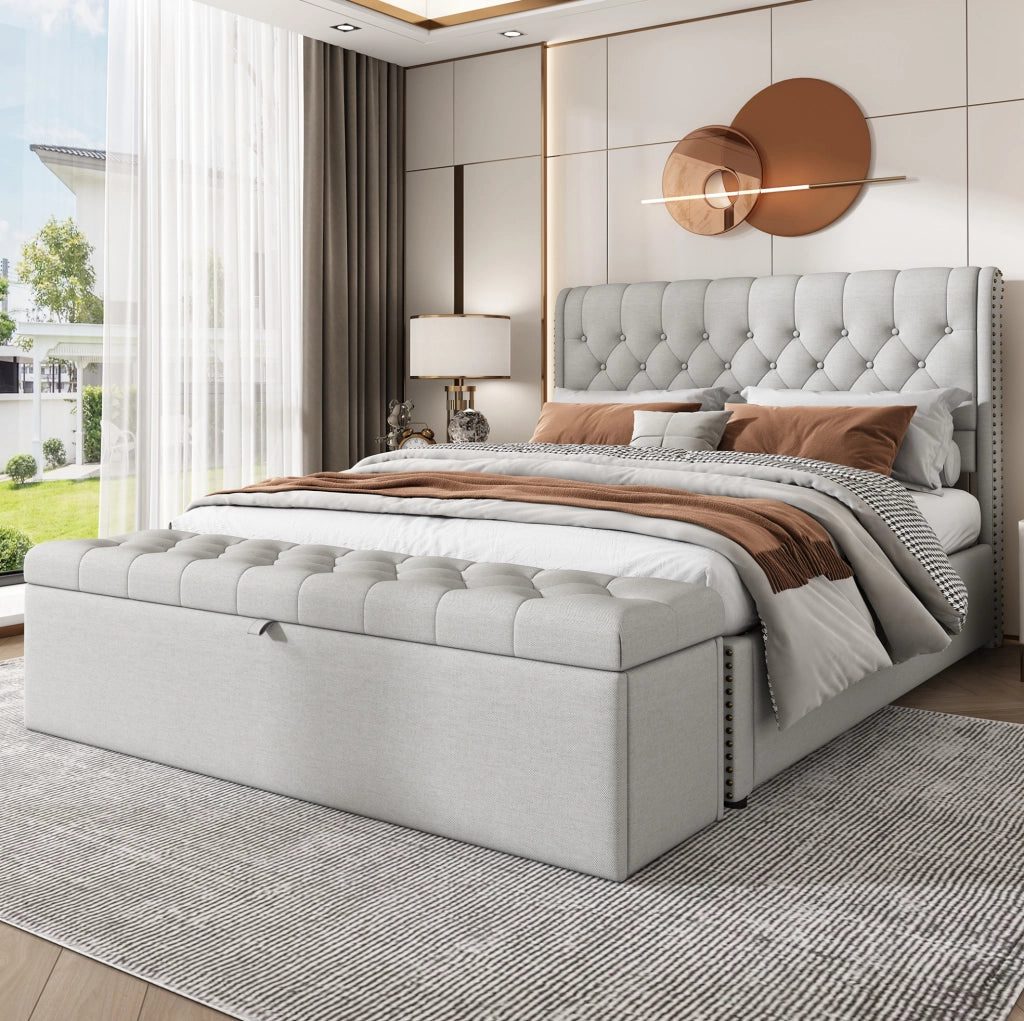 Ottomana con contenitore in lino 141x41;5x47 cm; grigio chiaro