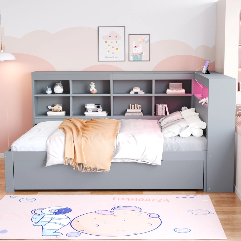 Letto Contenitore Matrimoniale 140x200 cm; USB; LED; Mensole e Scomparti in Legno Grigio