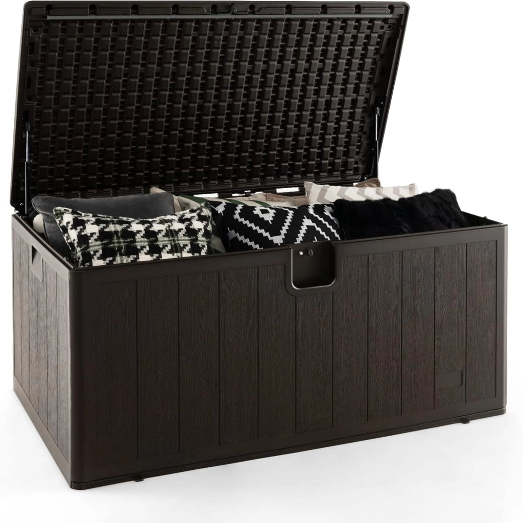 Cassapanca Per Esterni in Metallo e PE Rattan, Contenitore Impermeabile da 276 L, con Chiusura a Chiave, 114 x 54 x 56 cm, Marrone