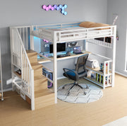 Letto a soppalco 90x200 cm con scrivania, LED e prese USB, bianco