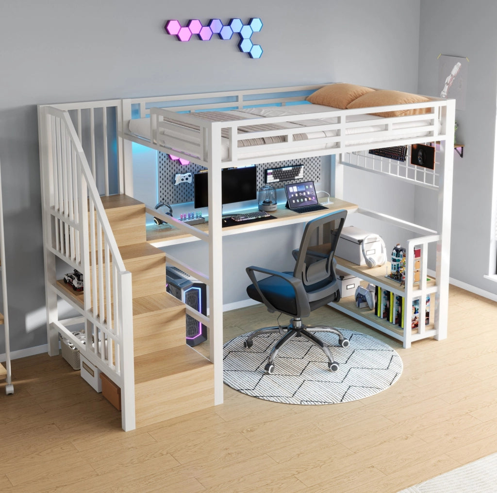 Letto a soppalco 90x200 cm con scrivania, LED e prese USB, bianco