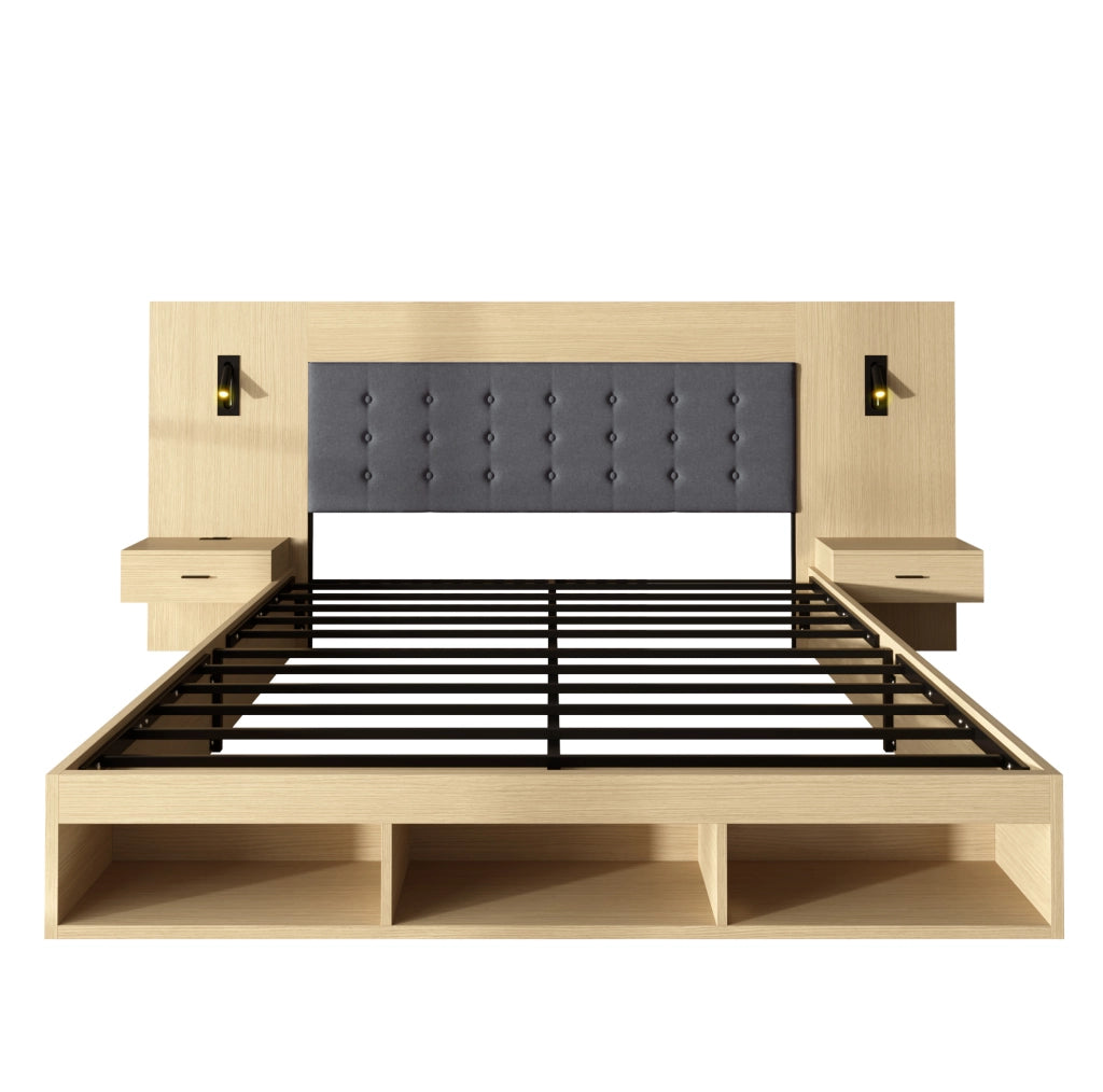 Letto matrimoniale 160x200 cm con USB C; LED e 2 comodini; MDF rovere chiaro