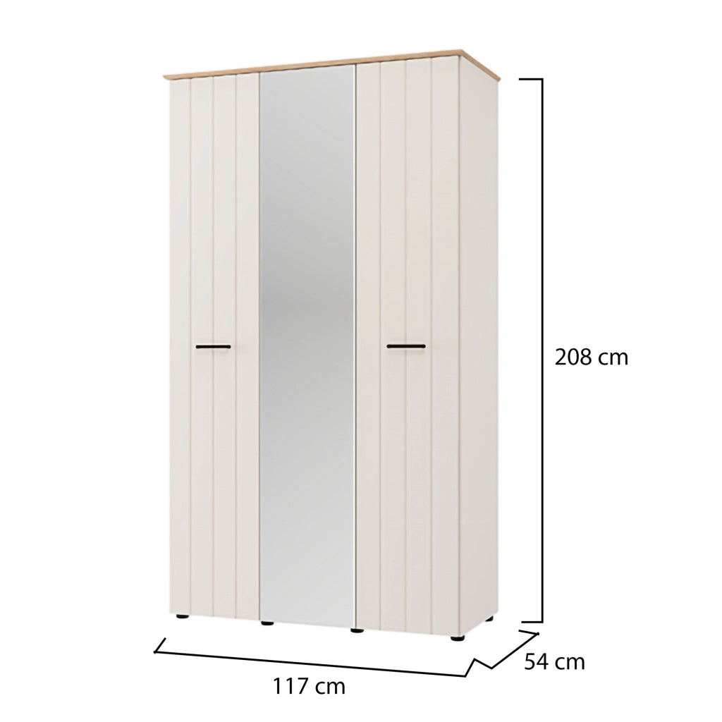 Armadio Camera da Letto Bhakta, Guardaroba 3 Ante 4 Ripiani, 117x54 cm Bianco Crema