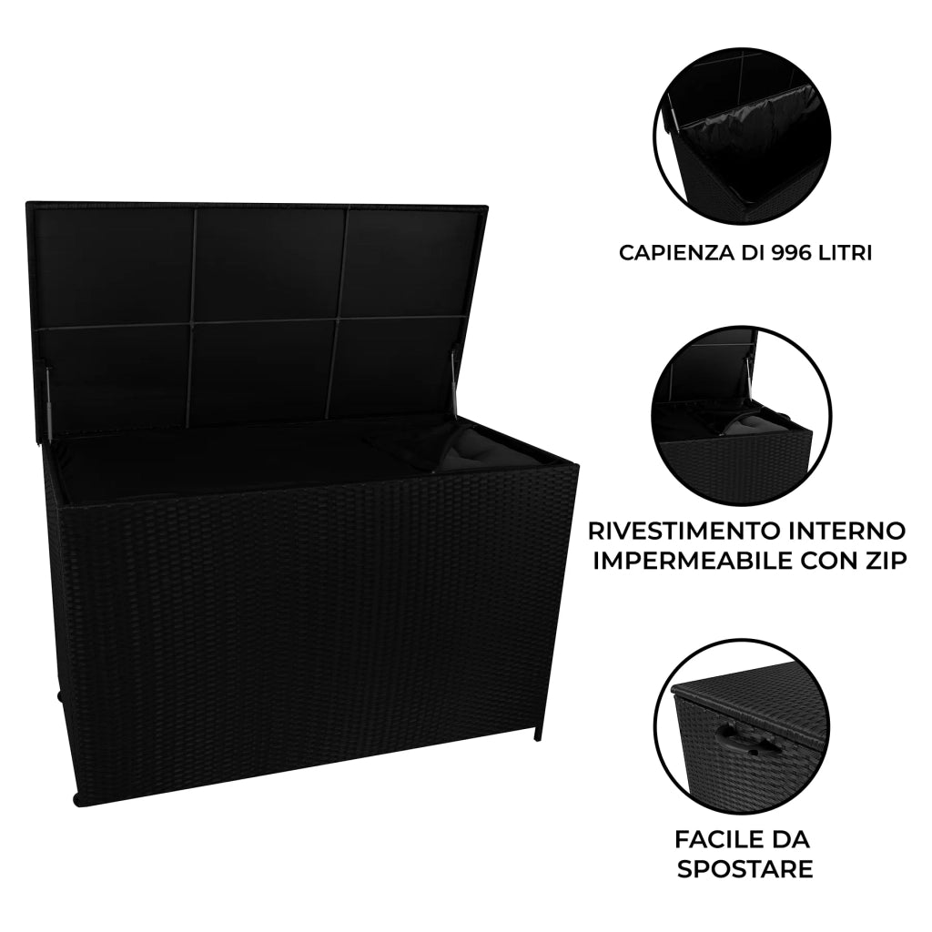 Box Contenitore Rattan Giardino 996L Nero Baule Grande con Rivestimento