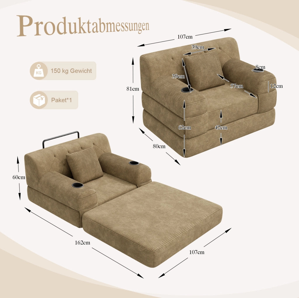 Poltrona letto 1 posto 107x162 cm in velluto a coste con portabevande; kaki
