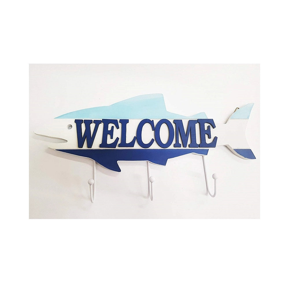 Trade Shop - Attaccapanni Appendino 3 Ganci Parete Legno Pesce Welcome Stile Marino -