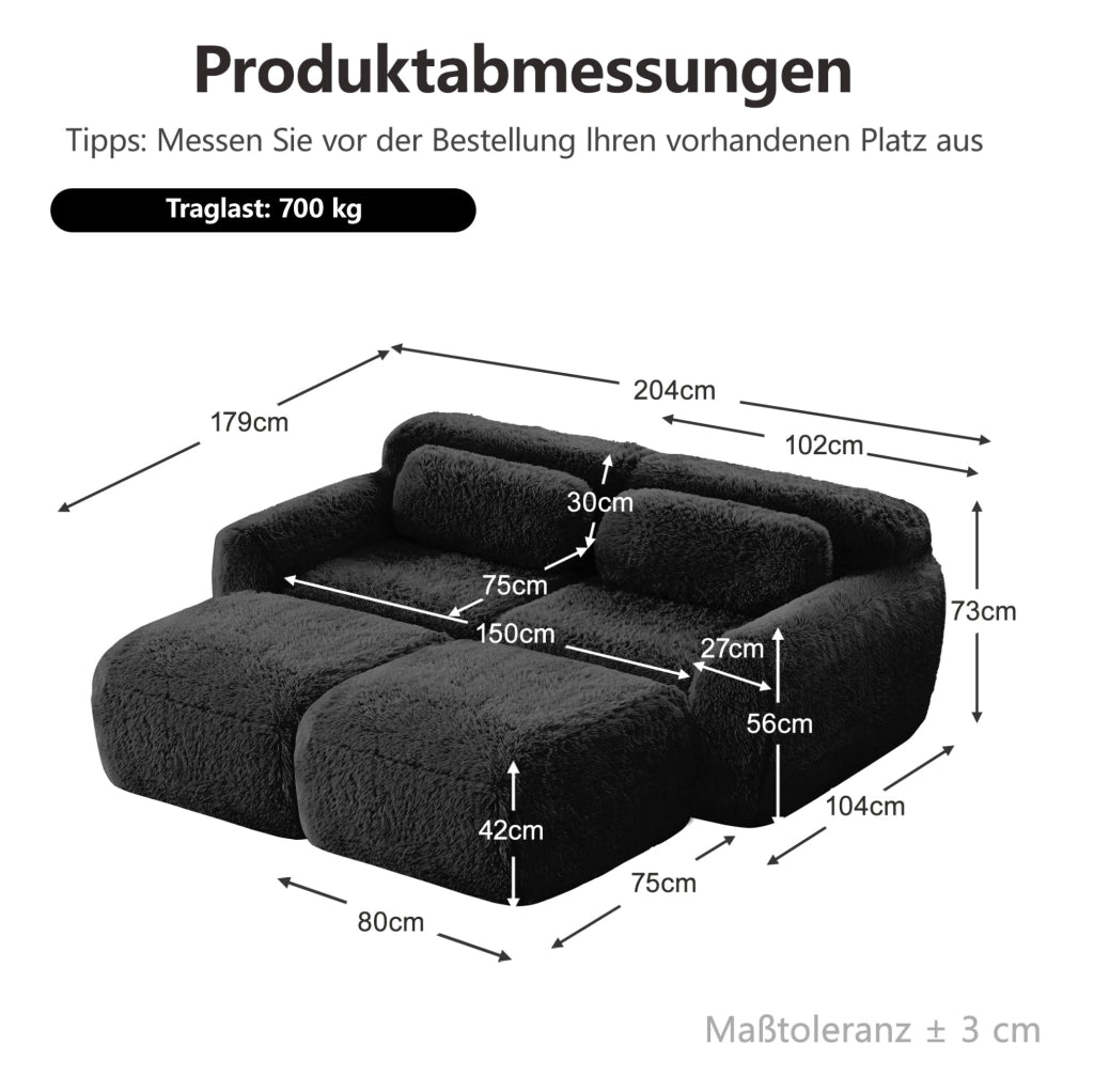 Divano angolare modulare in peluche nero; 204 × 179 × 73 cm