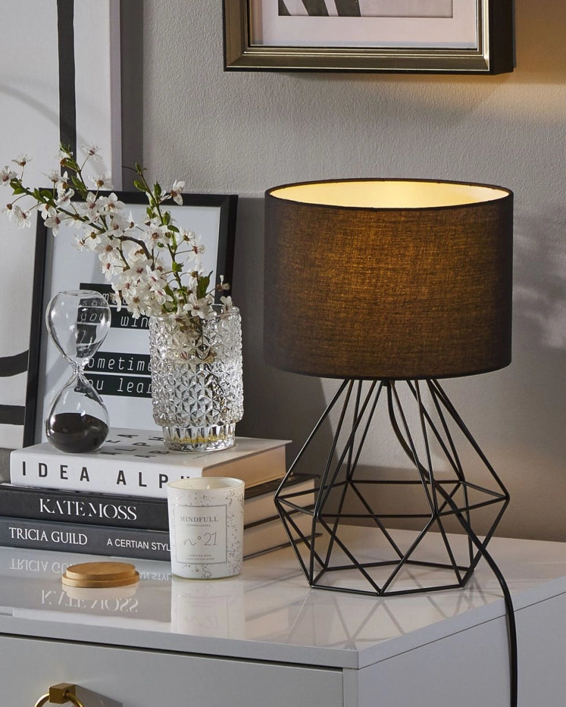 Lampada da Tavolo Paralume Nero Industrial Struttura a gabbia Nero