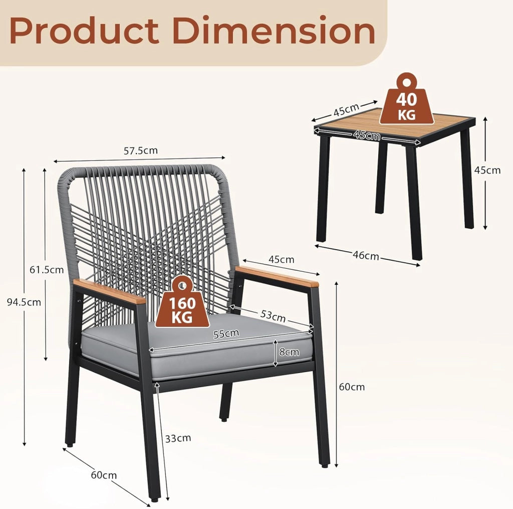 Set di mobili da giardino, Set da 3 sedie da giardino in rattan, 2 sedie da patio con tavolino, fino a 160 kg, resistenti alle intemperie, braccioli in WPC, per patio, giardino, veranda,Grigio