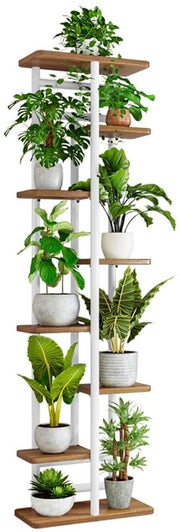 Trappe per piante in legno e metallo per interni, supporto per fiori in legno e metallo da 8 livelli per 9 vasi, per balcone, giardino, finestra, angolo.