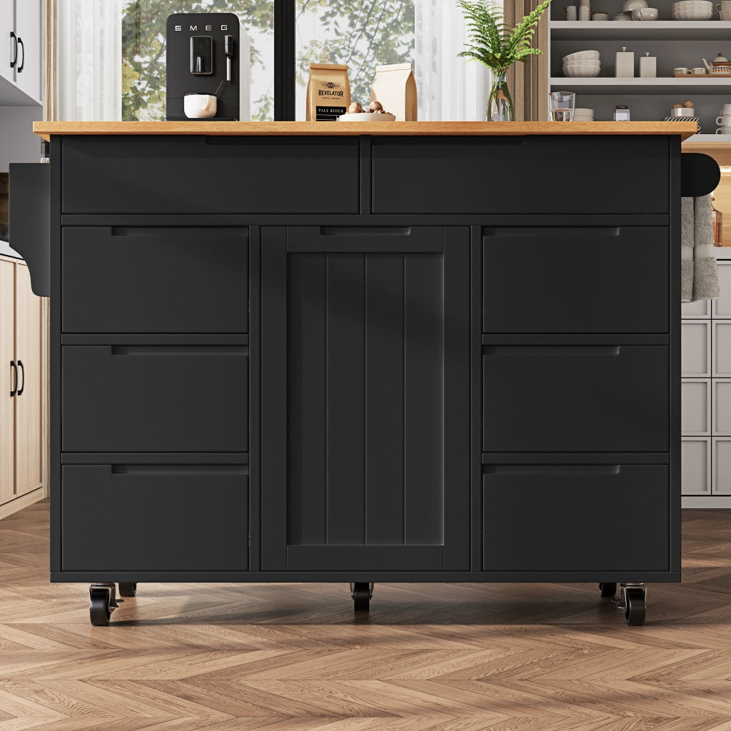 OKWISH Carrello da Cucina con 8 Cassetti, 1 Anta, Ripiano Regolabile, Piano Pieghevole e Ruote, MDF, Nero, 122 x 46 x 91.5 cm