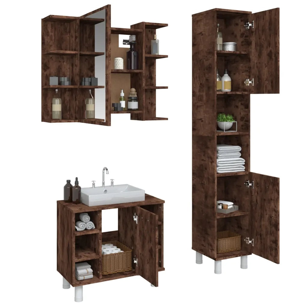 Set Mobili da Bagno 3 pz Rovere Fumo in Legno Multistrato